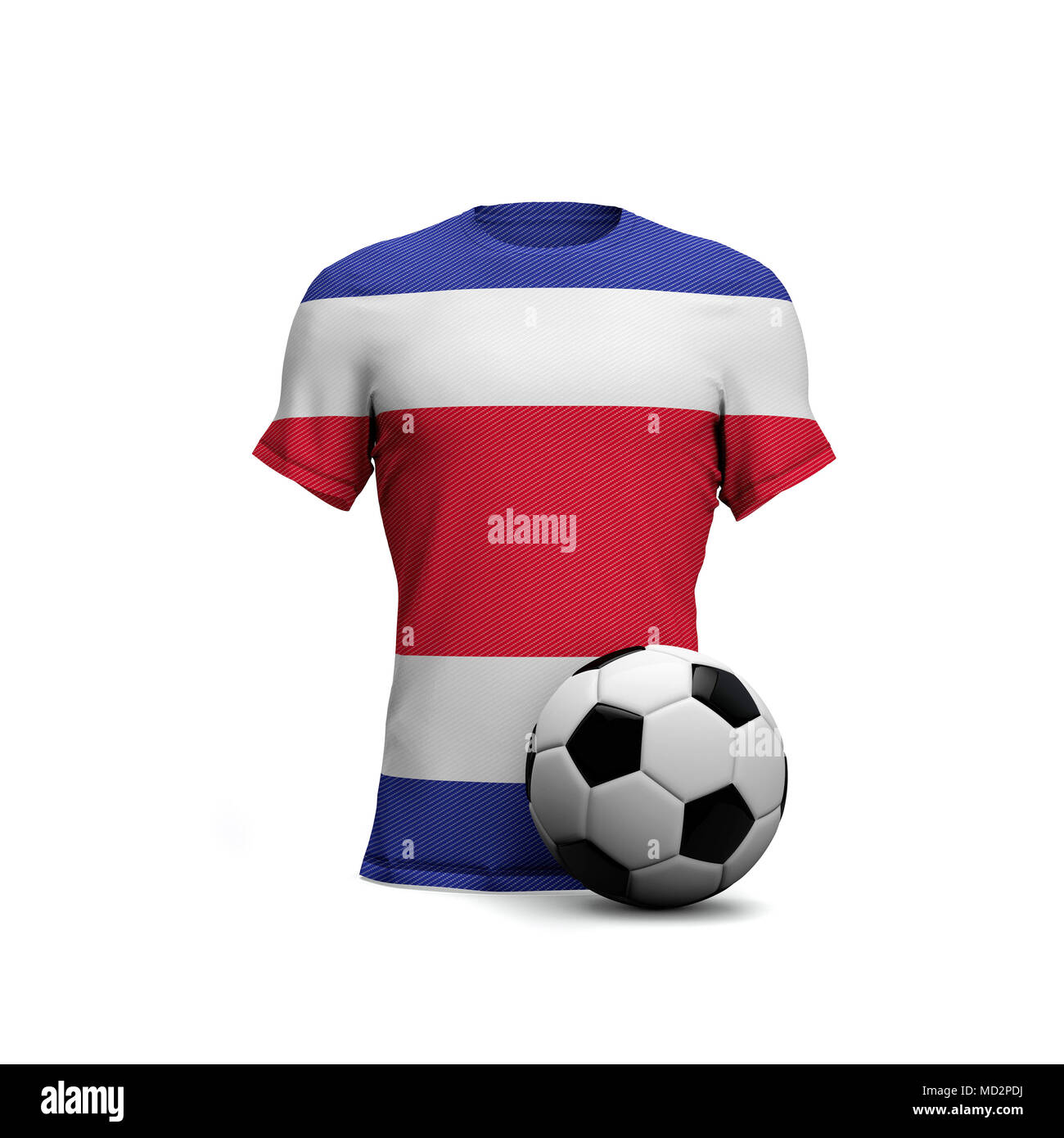 Costa Rica soccer shirt con la bandera nacional y pelota de fútbol. 3D Rendering Foto de stock