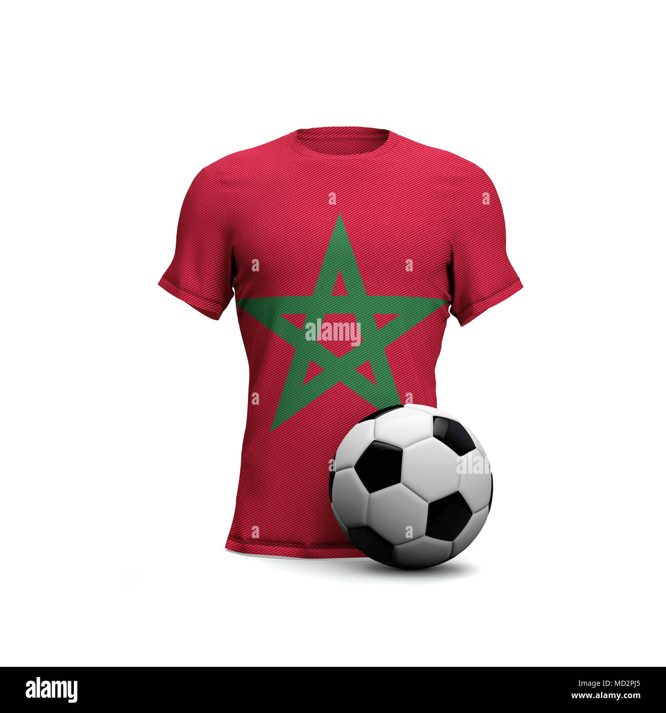 Marruecos soccer shirt con la bandera nacional y pelota de fútbol. 3D Rendering Foto de stock
