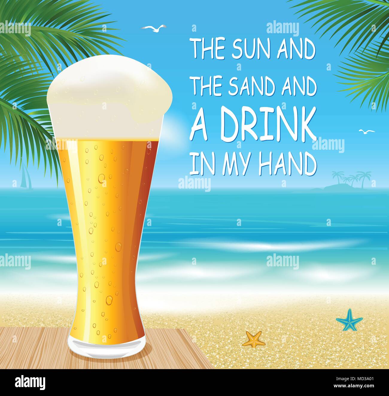 Cerveza fría sobre la mesa de madera en la playa. Vacaciones, viajes y vacaciones de verano. Ilustración del Vector