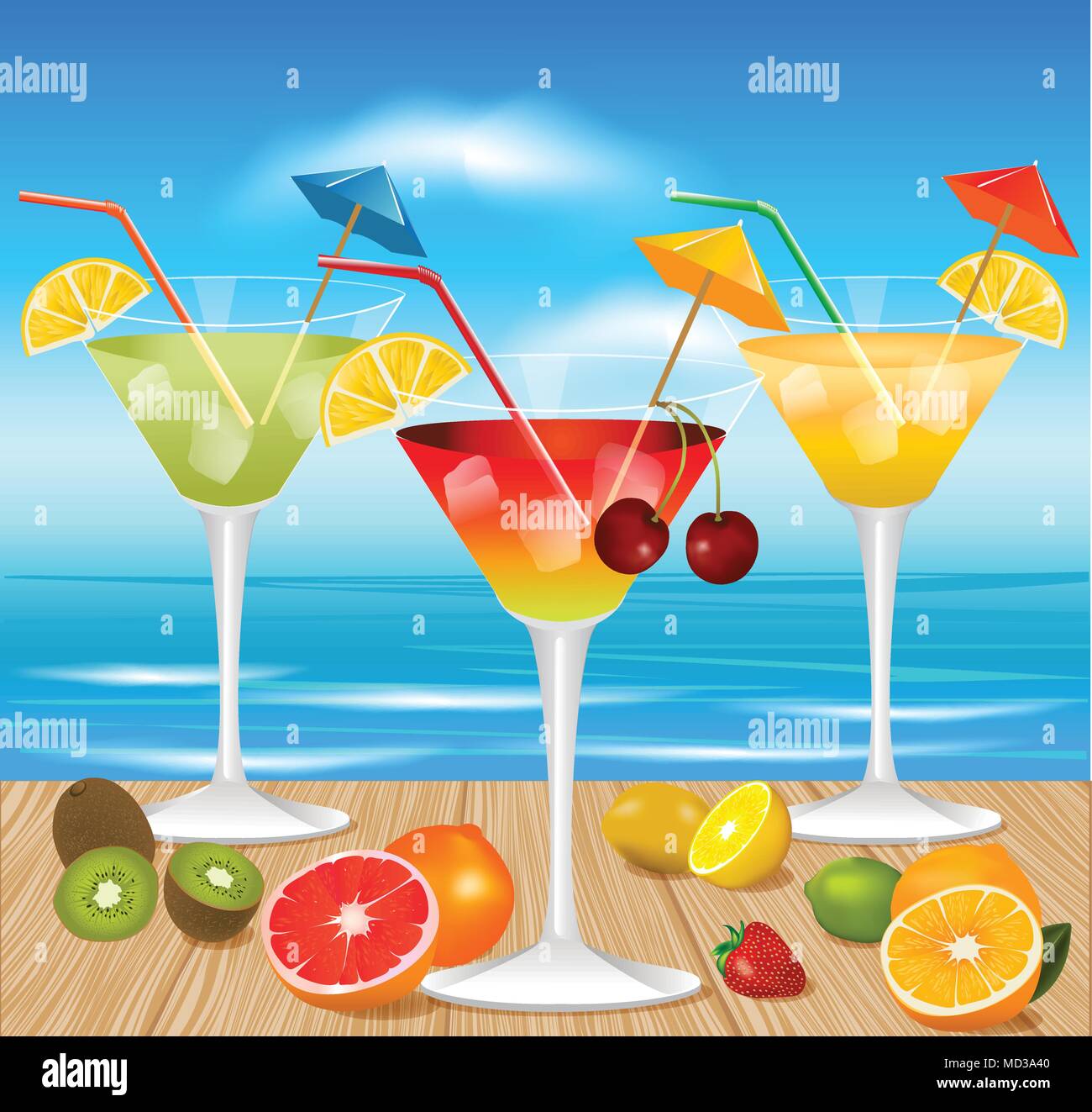 Cócteles de verano con piezas de fruta sobre la mesa de madera y con la playa al fondo Ilustración del Vector
