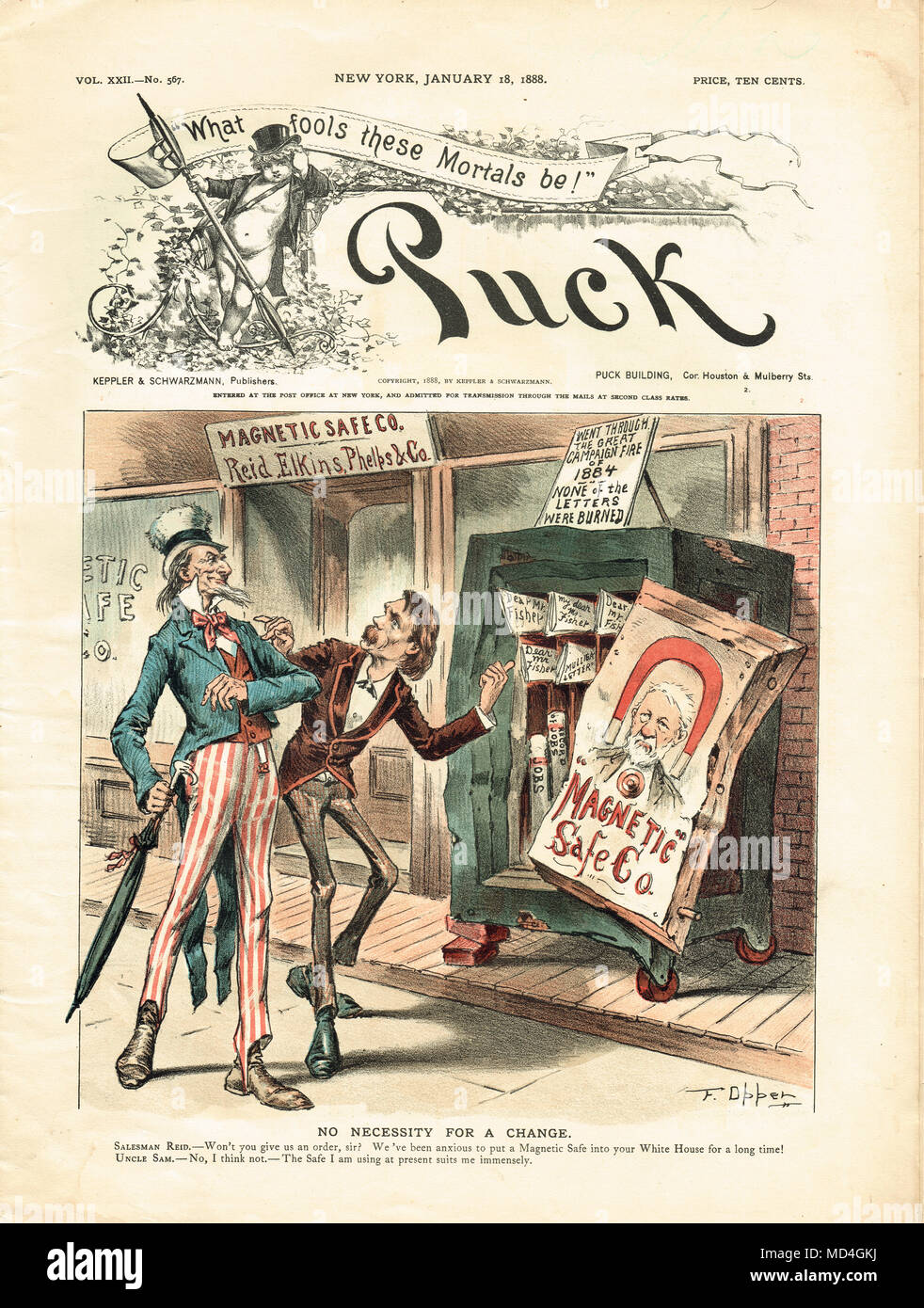 El Whitelaw Reid intenta vender al Tío Sam una caja magnética, satíricos Puck cartoon de 1888 Foto de stock
