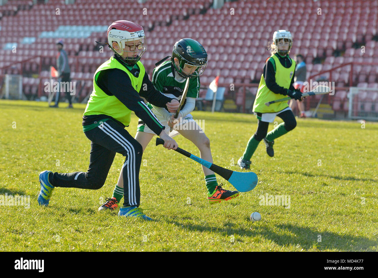 Los niños de escuela primaria jugando GAA hurling en el Celtic Park, Derry. Foto de stock