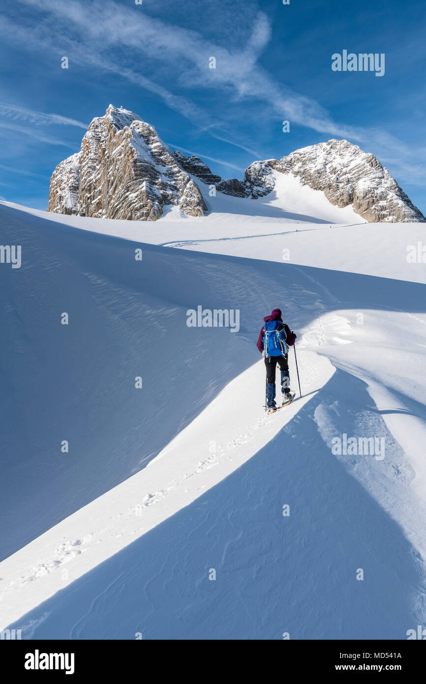 Las raquetas de nieve, el Macizo de Dachstein, Hoher Dachstein (2995m), el glaciar de Dachstein, Austria Foto de stock