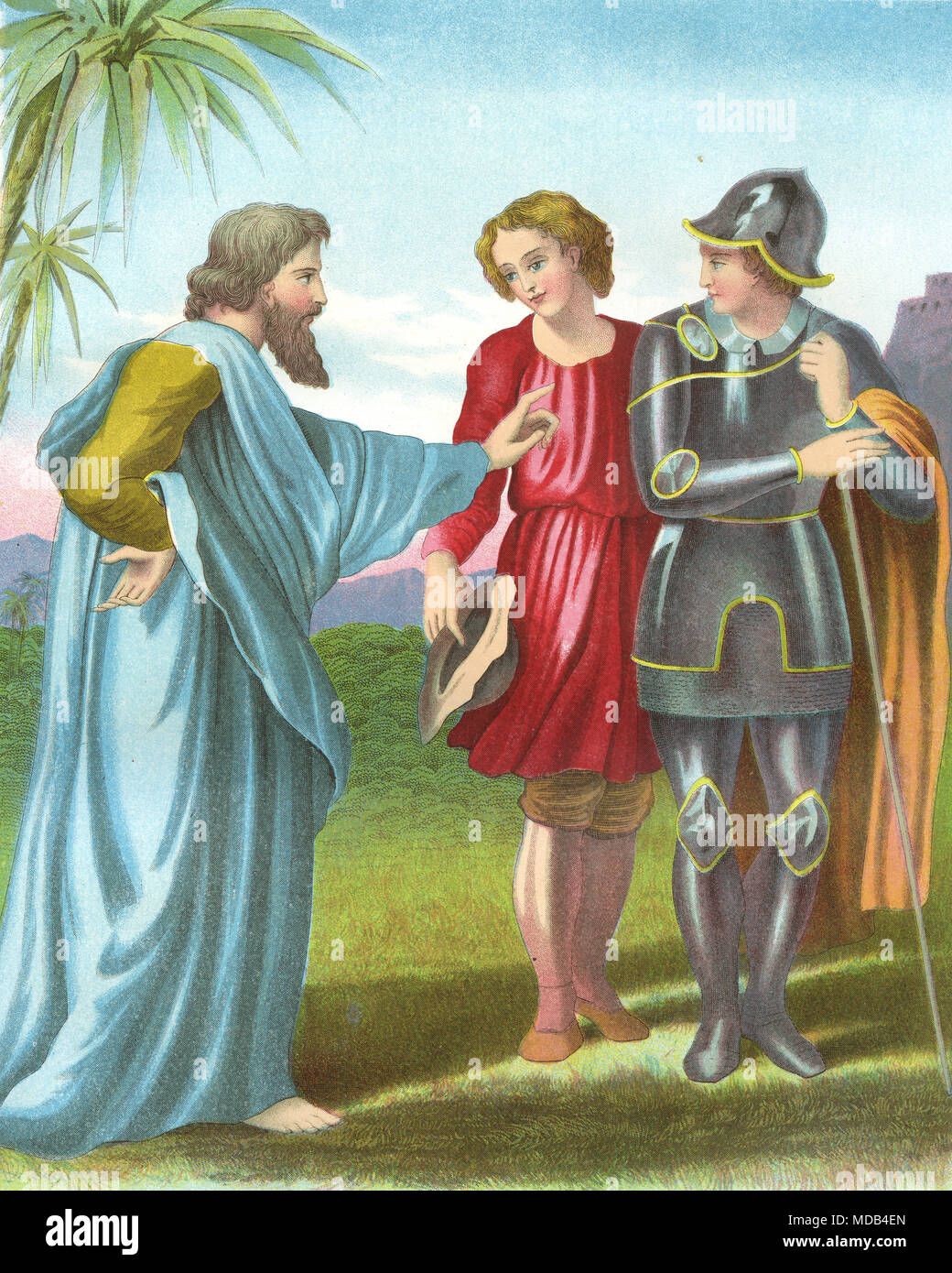 Litografía coloreada de evangelista adelantar a los peregrinos. A partir de una imagen original en la selección de obras de John Bunyan, circa 1840 Foto de stock