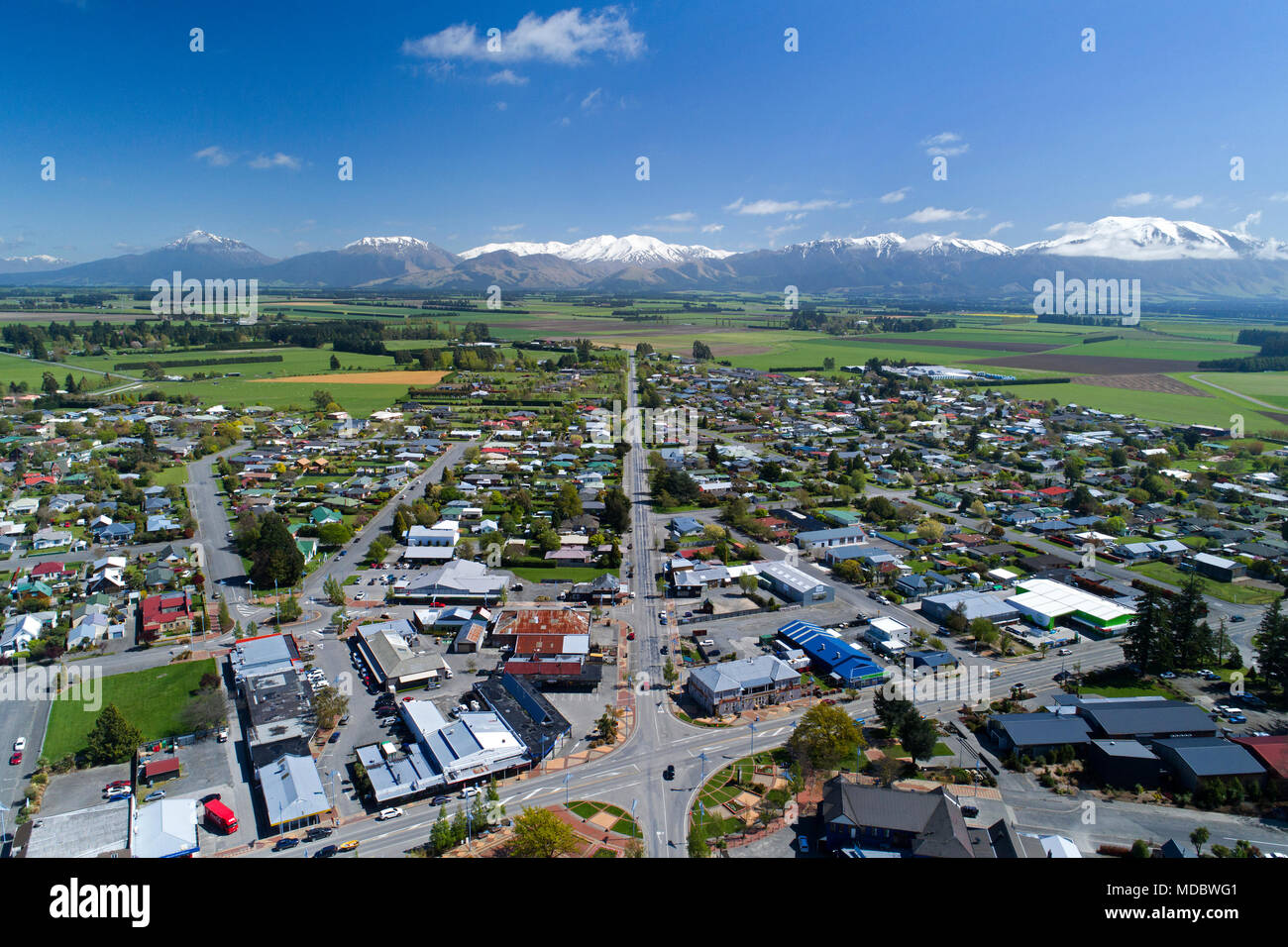 Methven, mediados de Canterbury, Isla del Sur, Nueva Zelanda - antena drone Foto de stock