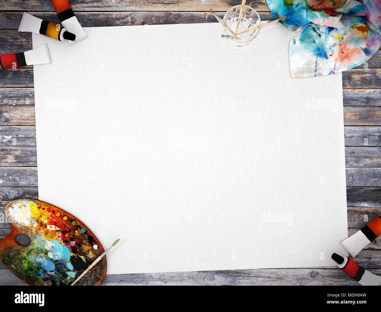 Papel de cartel blanco vacío con espacio para la maqueta en madera con paleta de colores de fondo, colores de pintura y pincel, 3D rendering Foto de stock