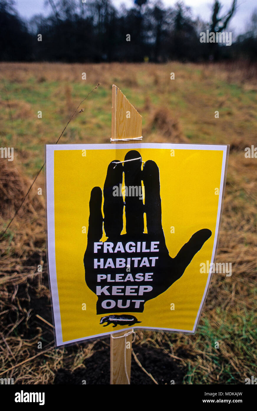 Firma frágil Habitat Keep Out, Newbury Bypass Road Building y protestas, Newbury, Berkshire, Inglaterra, Reino Unido, ES. Foto de stock