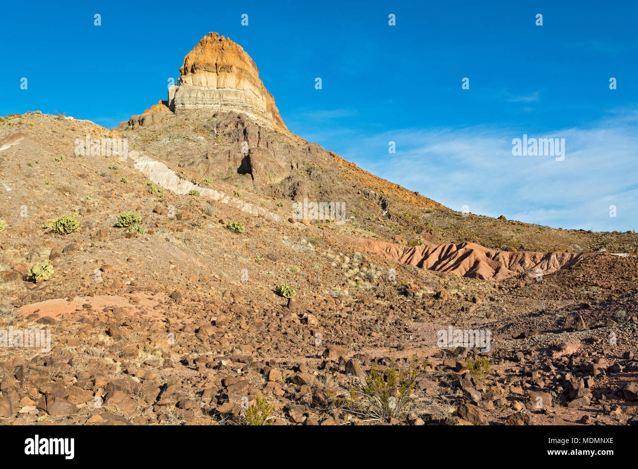 Texas, el Parque Nacional de Big Bend, Ross Maxwell Scenic Drive, Cerro Castellano (pico), Castolon formación volcánica Foto de stock