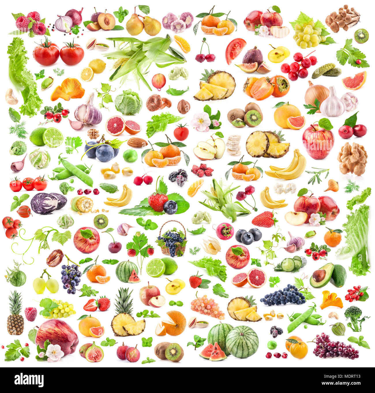Gran colección de frutas y verduras aislado sobre fondo blanco. Foto de stock