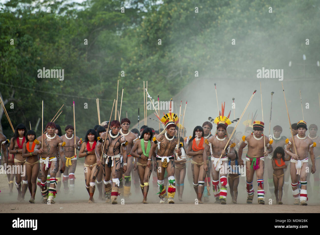 Los indios Kalapalo aldea Jawari Aiha preparándose para hacer - El Parque Indígena Xingu Foto de stock