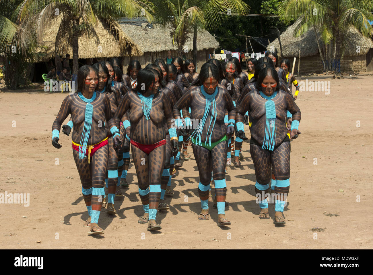 Aldea de los Indios Kayapo Moikarako participar en el baile de la yuca Foto de stock