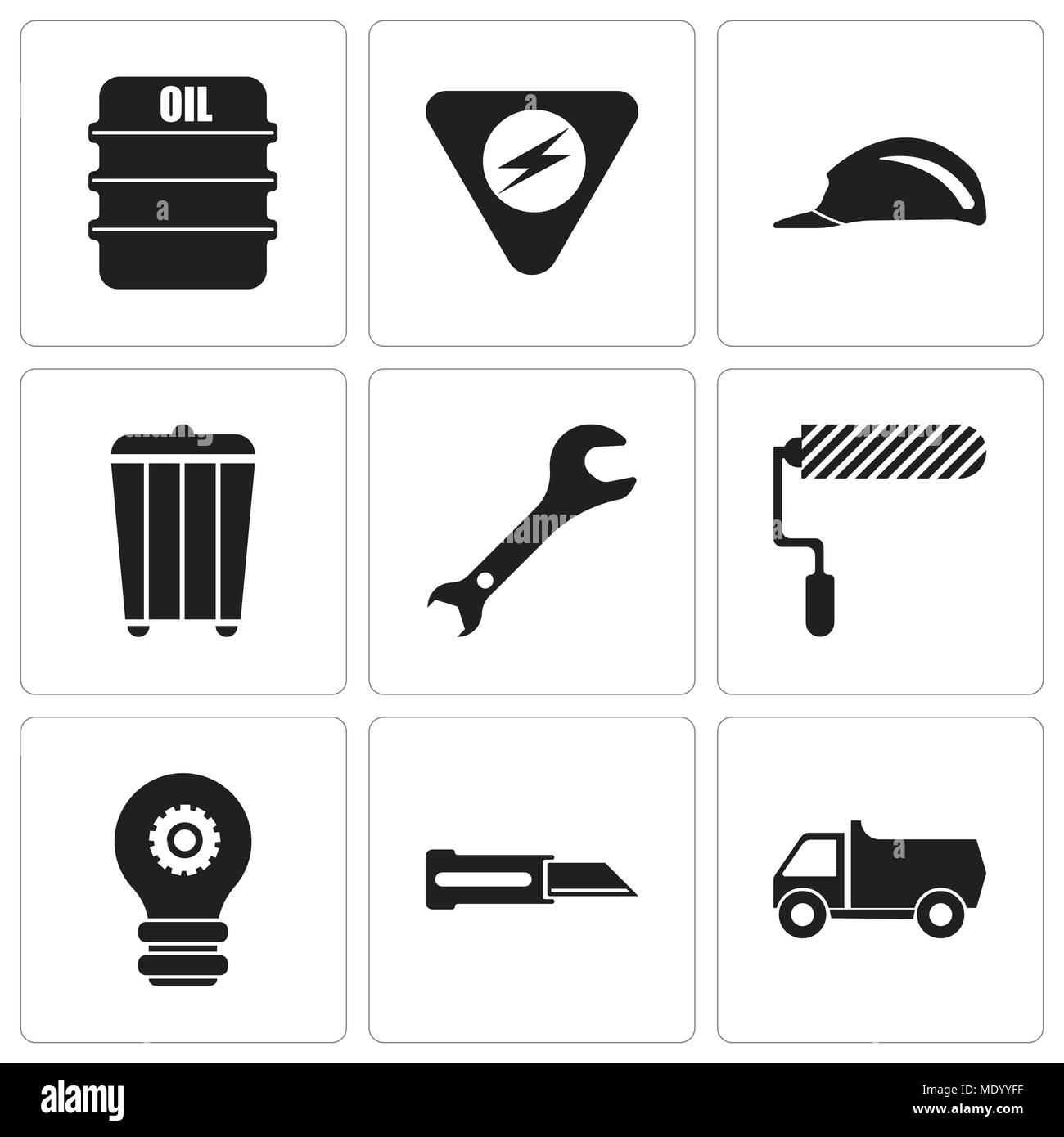 Conjunto de 9 sencillos iconos editables como carretilla, cuchillo, configuración de lámpara, rodillo, llave ajustable, basura, cabecera, de peligro, de aceite, puede ser usado para móvil, web Ilustración del Vector