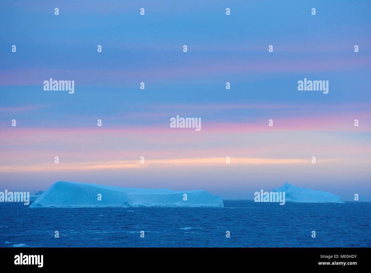 Los icebergs en el Antarctic Sound al amanecer en la Península Antártica, en la Antártida Foto de stock
