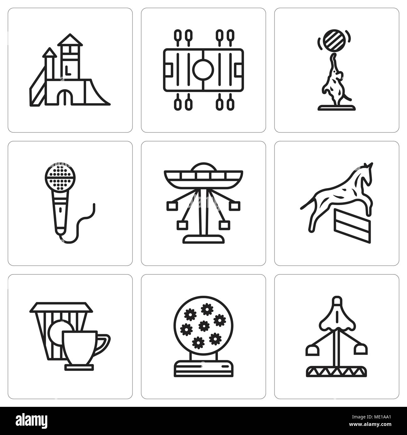 Conjunto de 9 sencillos iconos editables como Feria, Magic Ball, Café, un caballo, un carrusel, micrófono, elefante, Fútbol, Juegos, puede utilizarse para móviles, nos Ilustración del Vector