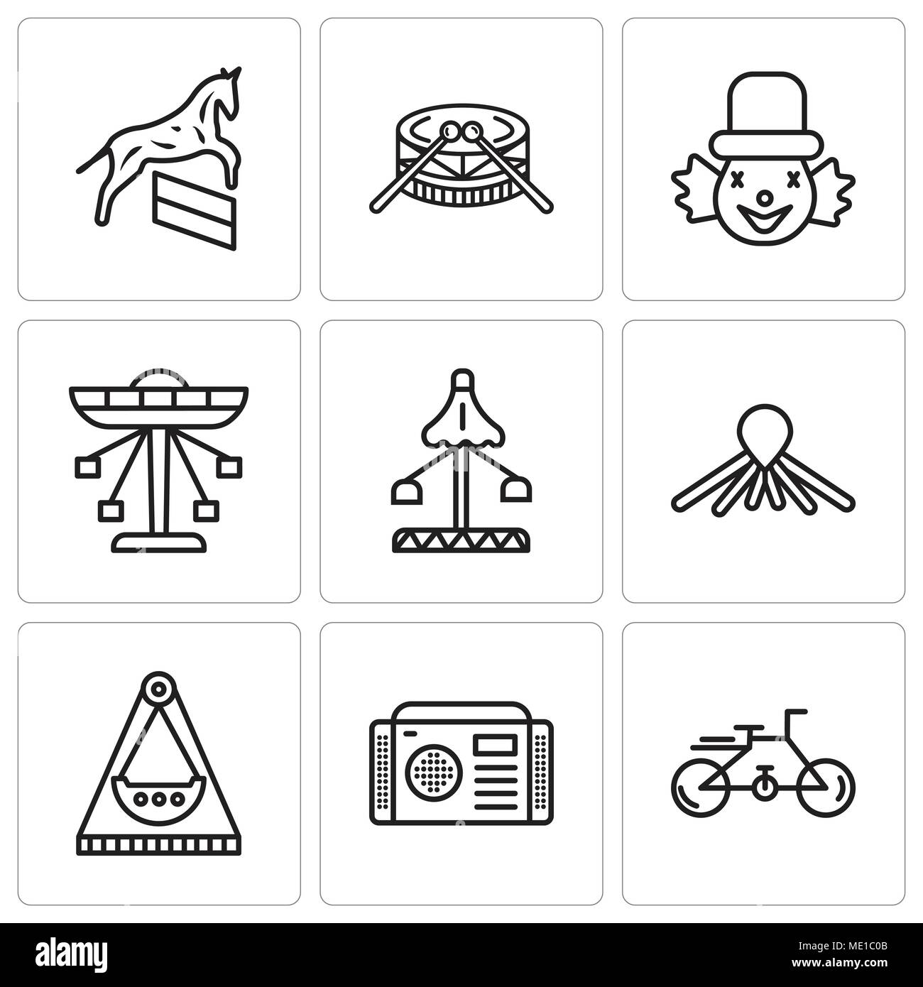 Conjunto de 9 sencillos iconos editables como bicicleta, la radio, el carrusel, el perro de globo, justo, carrusel, payaso, tambores, caballo, puede utilizarse para móviles, la interfaz web. Ilustración del Vector