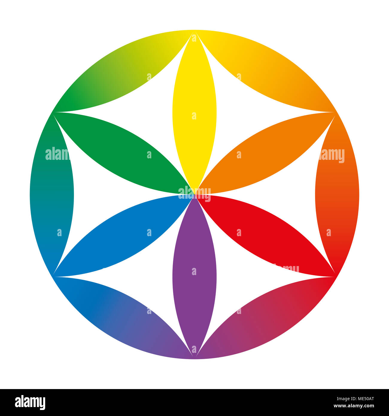 Arco iris de colores Bebe en Flor de la vida. Figura geométrica, compuesta de varios círculos superpuestos, formando una flor como patrón. Foto de stock