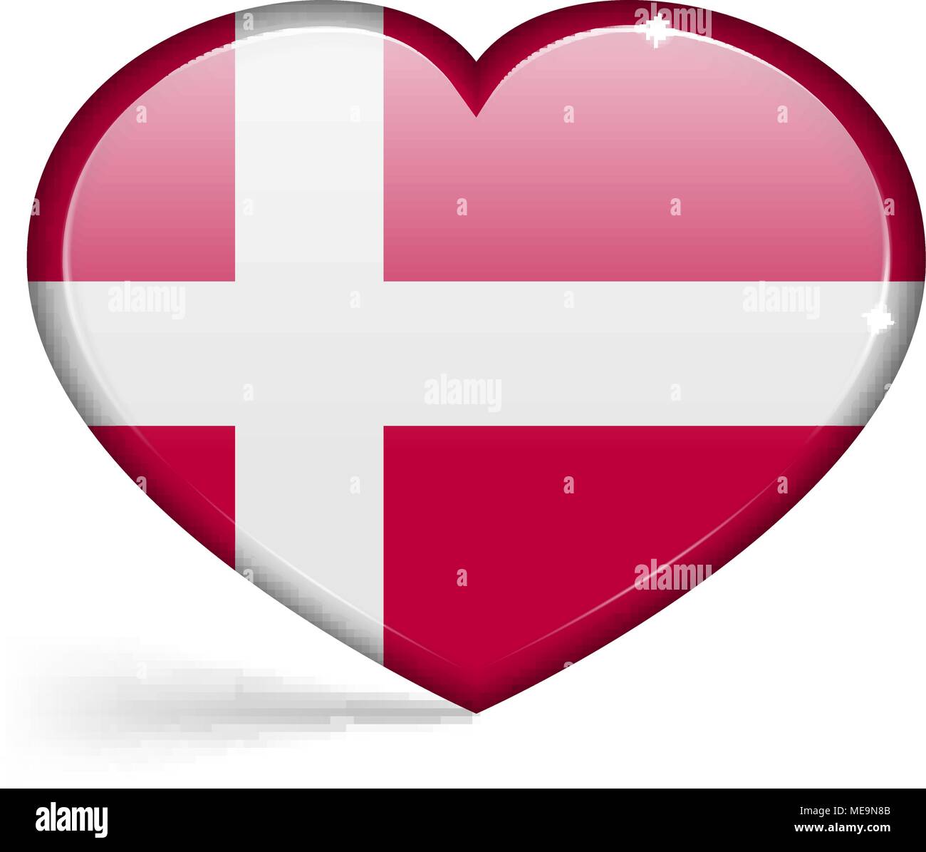 Banderas de Dinamarca en forma de corazón con reflejos en los bordes. Ilustración vectorial Ilustración del Vector