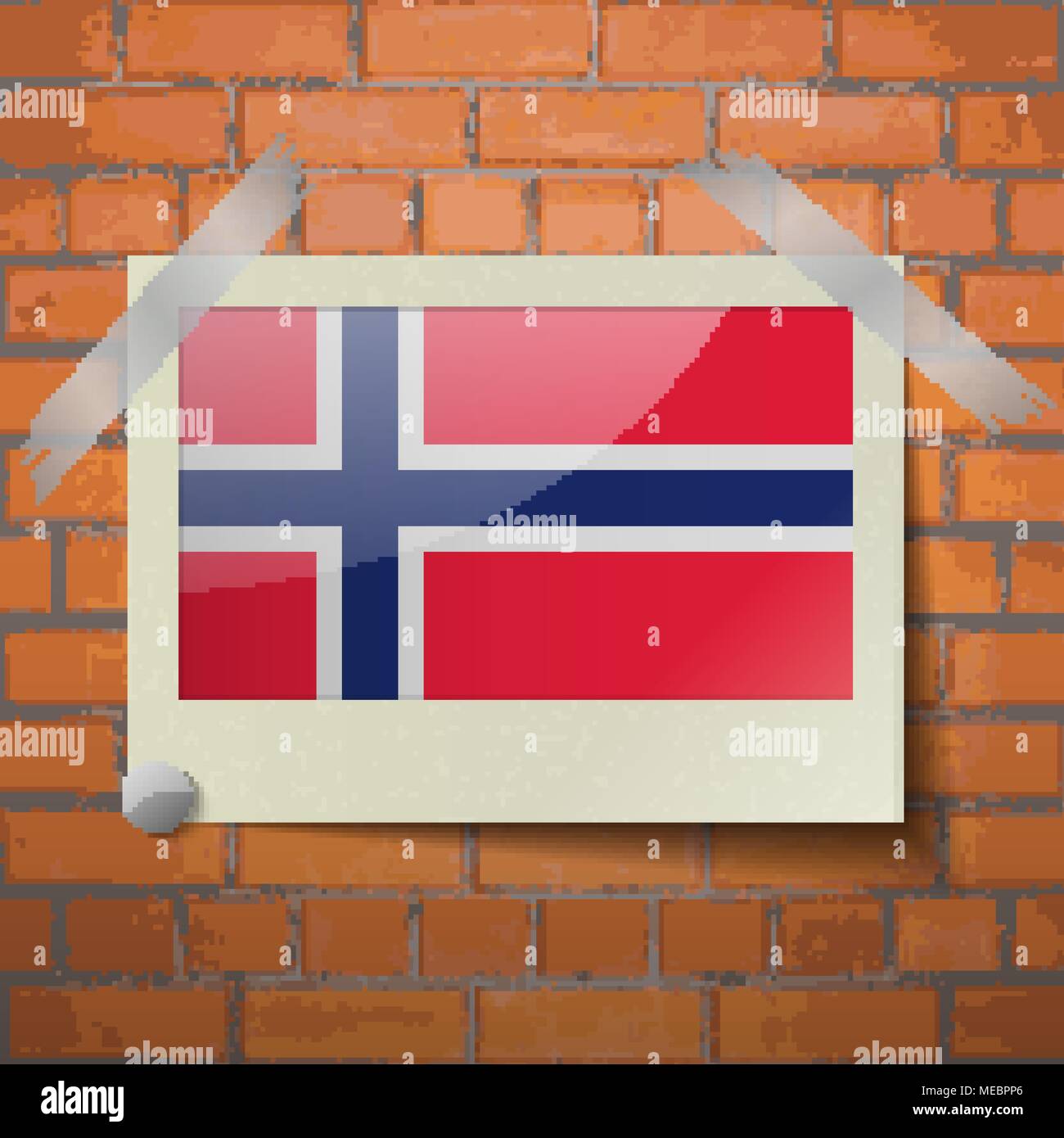 Banderas de Noruega scotch pegada a una pared de ladrillo rojo. Vector Ilustración del Vector