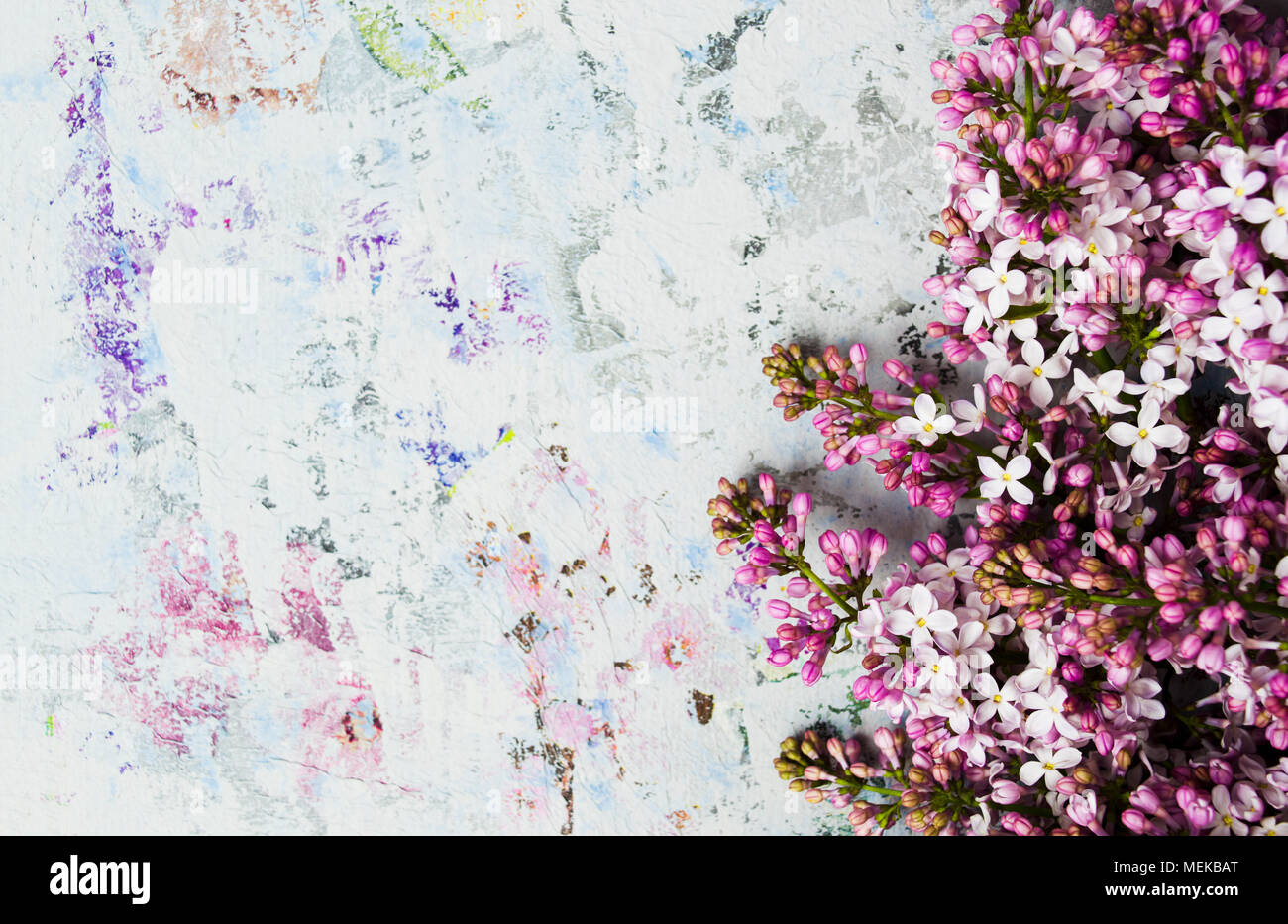 Flores de color lila arreglo con copia espacio, antecedentes de primavera Foto de stock