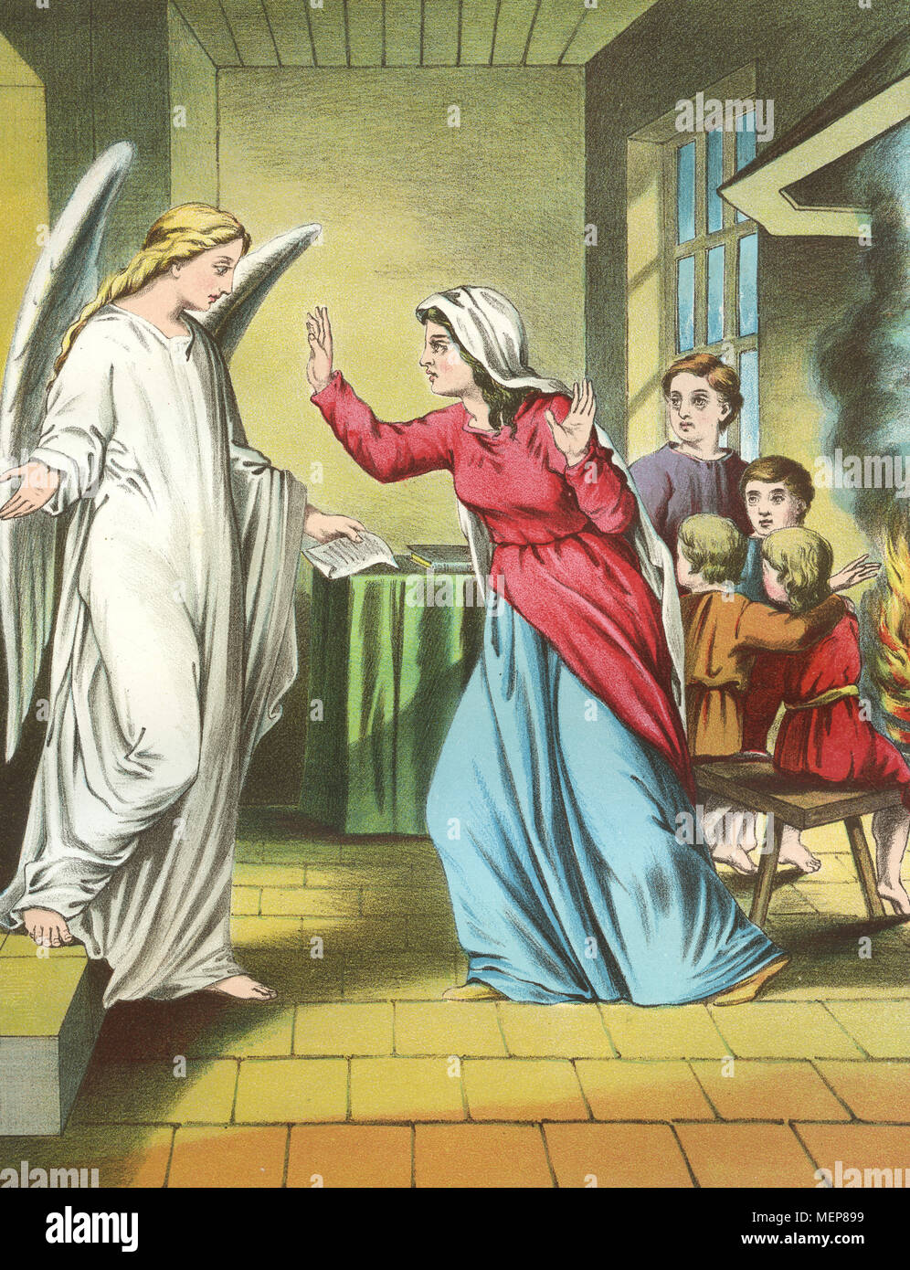 Litografía coloreada de christiana y el ángel. A partir de una imagen original en la selección de obras de John Bunyan, circa 1840 Foto de stock