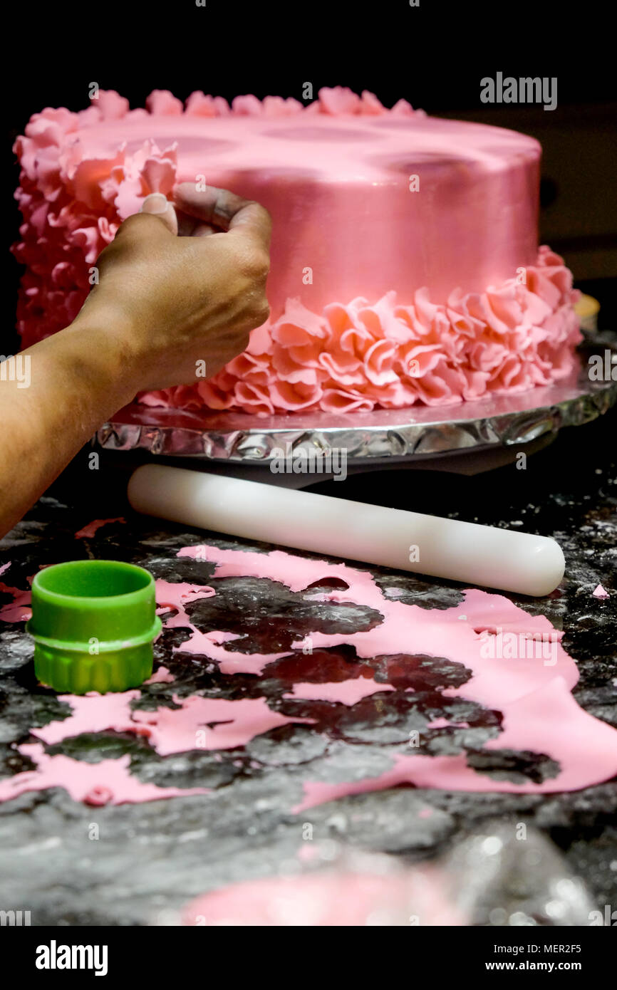 Decorar un pastel rosa guinda pétalos de flores están siendo lugar de hecho  en casa rosa pastel glas por mano femenina asiática y enfrente de la Torta  es un blanco roliin Fotografía