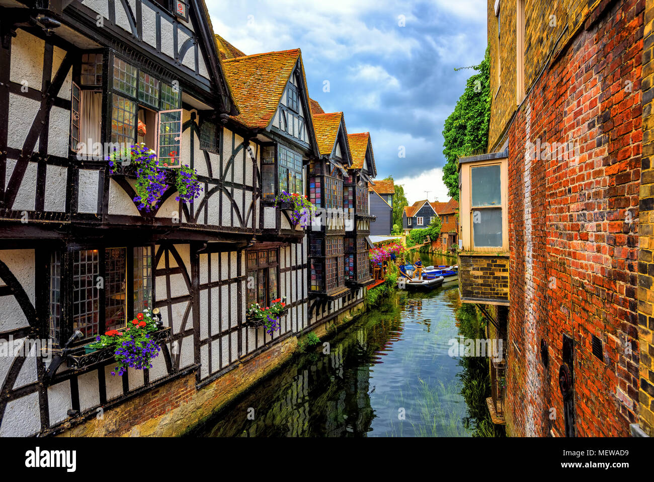 Casas de madera semi-medieval y el río Stour en la antigua ciudad de Canterbury, Kent, Inglaterra Foto de stock