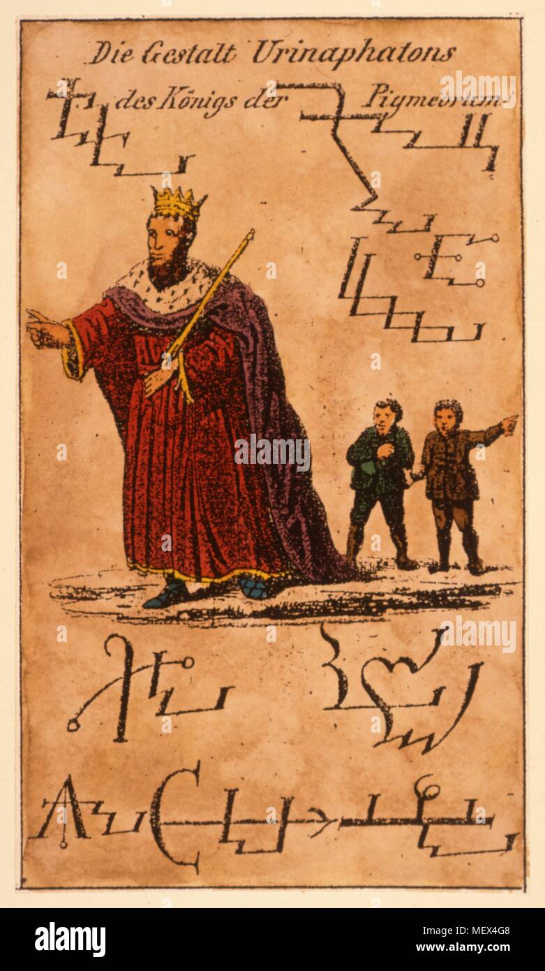 La figura del rey de Urinaphatons Piymeorum Urinaphaton el demonio, el Rey de los Pigmeos, gnomos. Detalle de un antiguo manuscrito mágico. Foto de stock