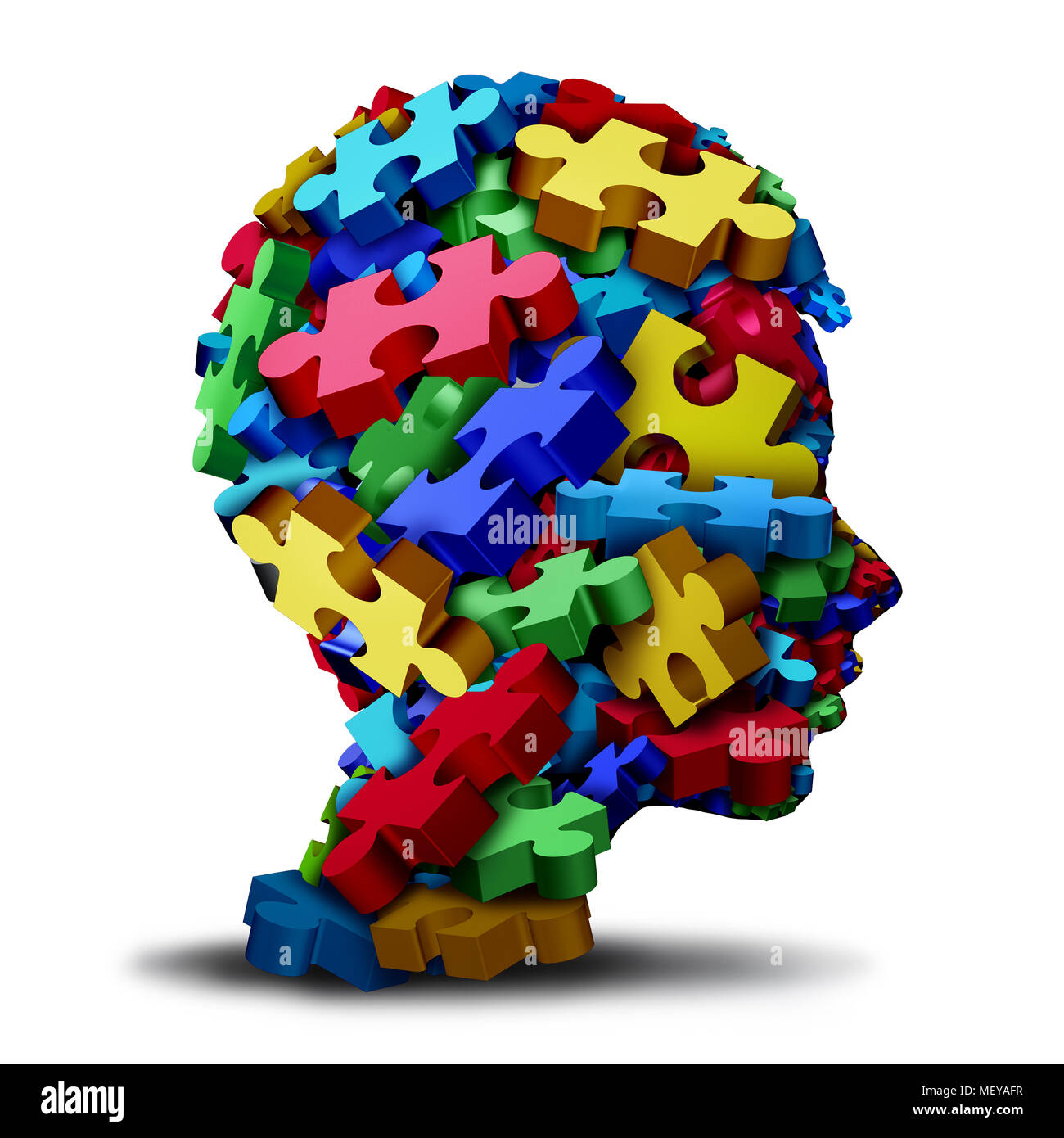 Autismo trastorno del desarrollo puzzle niños símbolo como un niño autista icono de conocimiento como piezas de rompecabezas que vienen juntos. Foto de stock
