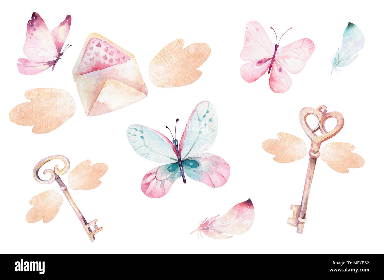 Acuarela coloridas mariposas, aislado sobre fondo blanco, azul, amarillo, rosa y oro ilustración de mariposas. Foto de stock