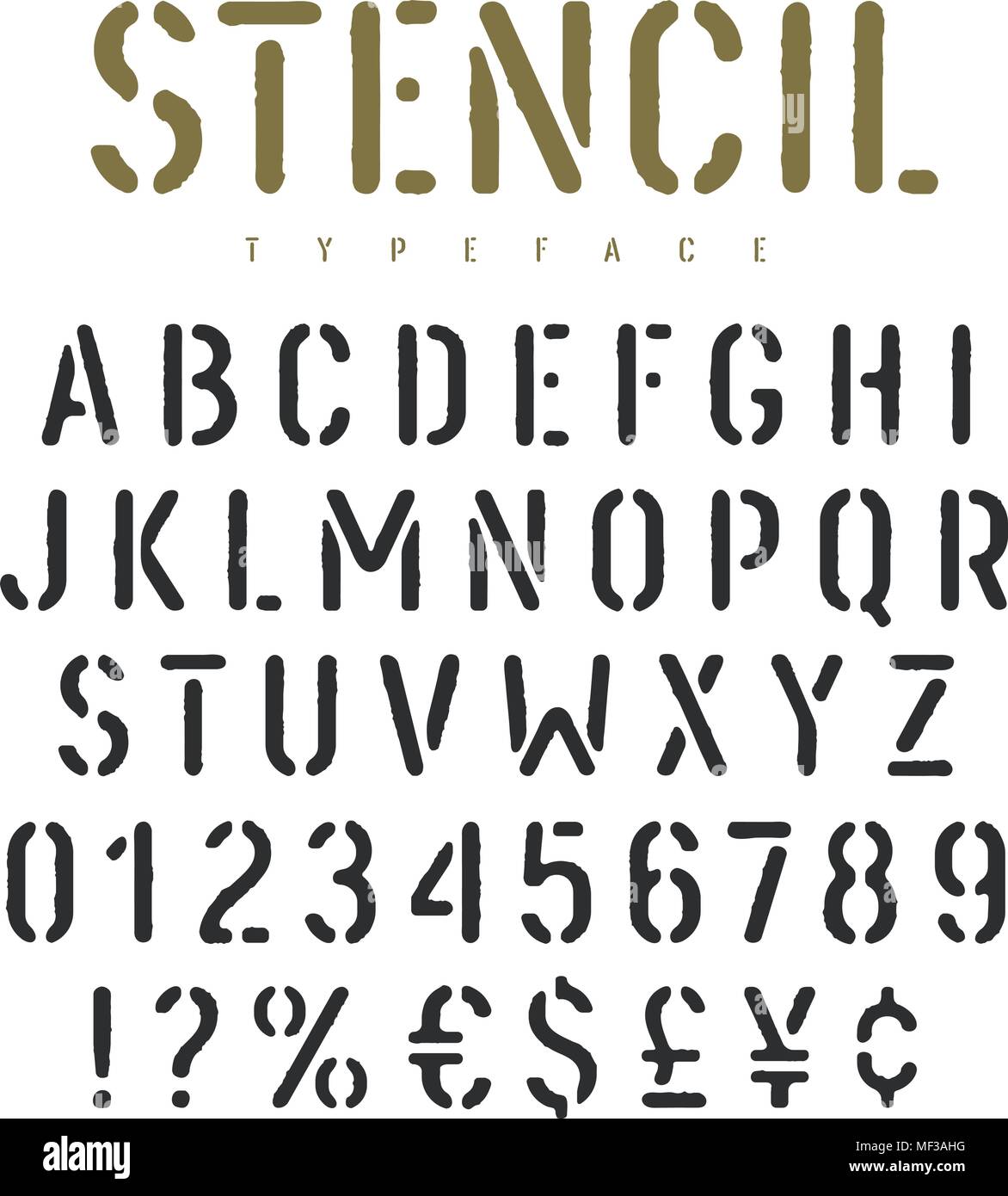 Stencil abecedario con textura efecto grunge. Rough Impressum galería placa- fuente en estilo militar. Vectores Imagen Vector de stock - Alamy