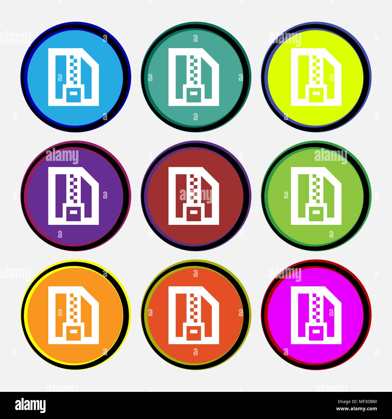Descargar archivo comprimido ZIP comprimido, signo de icono. Nueve botones  redondos multicolor. Ilustración vectorial Imagen Vector de stock - Alamy