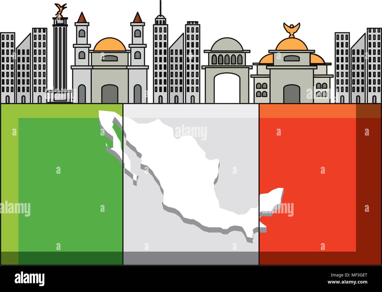 La bandera de México con el icónico edificio icono mexicano sobre fondo blanco, ilustración vectorial diseño colorista. Ilustración del Vector