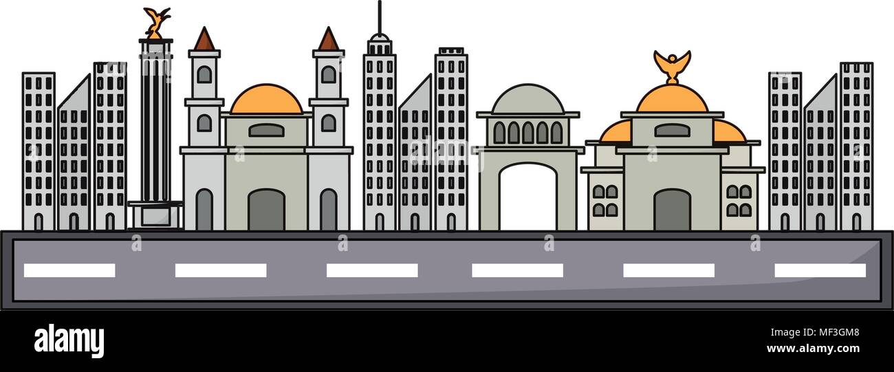 Carretera con edificios mexicanos sobre fondo blanco, ilustración vectorial diseño colorista. Ilustración del Vector