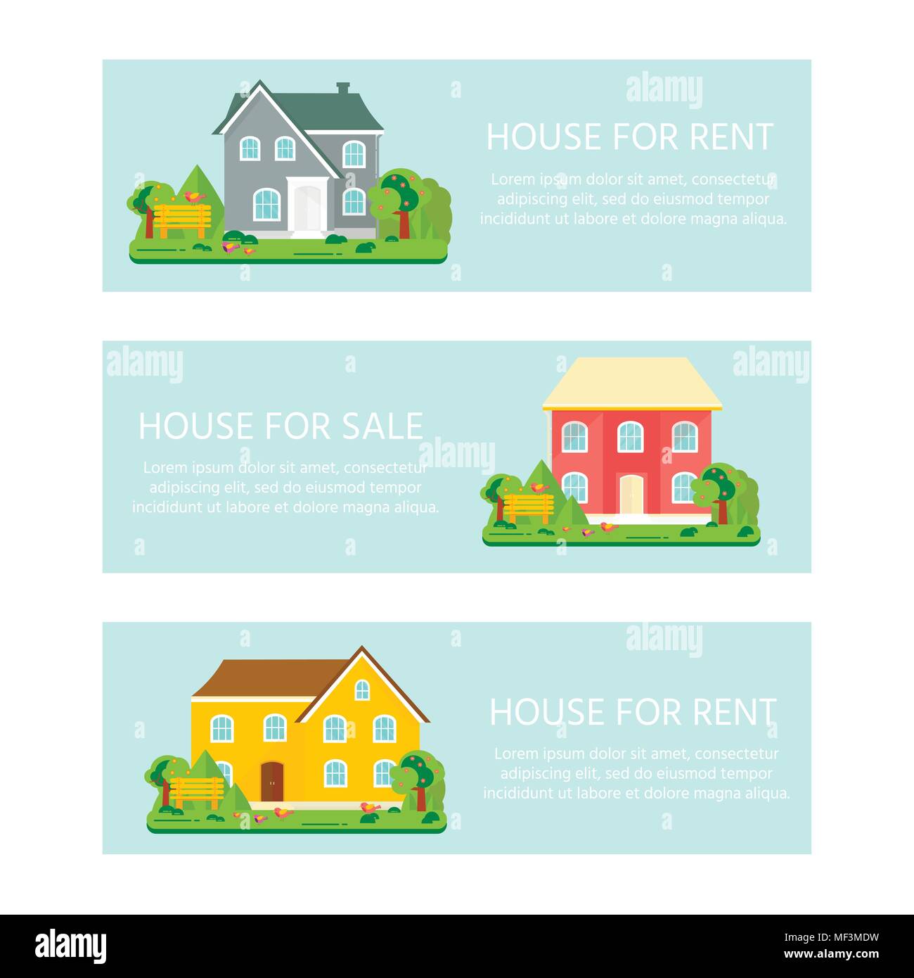 Banner de publicidad para ventas, casa, chalet con árboles. Oferta de