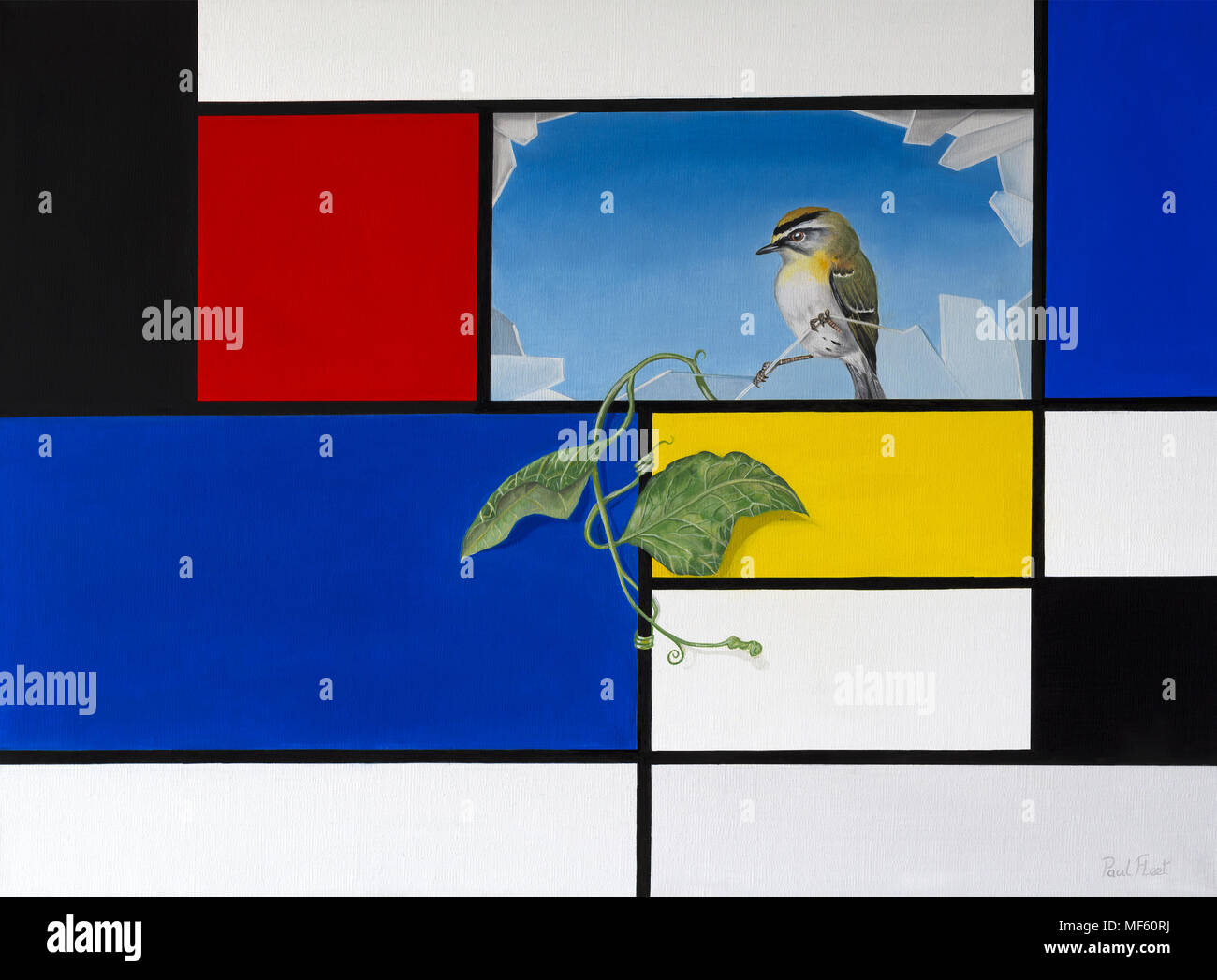 Óleo sobre lienzo original pintura representando un estilo Mondrian con fondo de cristal quebrantado revelando colgando ivy y un pequeño pájaro Foto de stock