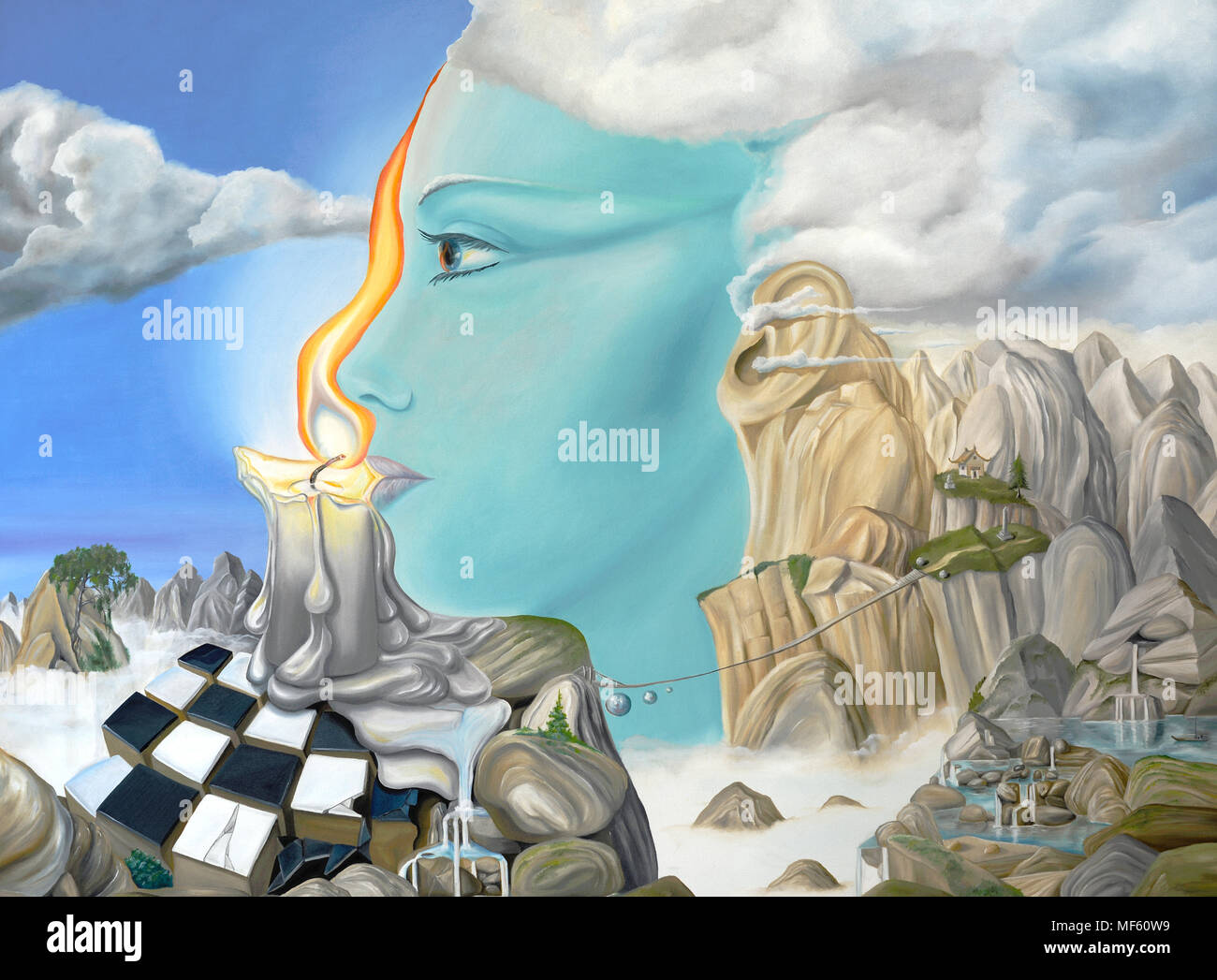 Óleo sobre lienzo original representando una pintura surrealista dreamscape con temas de meditación Foto de stock