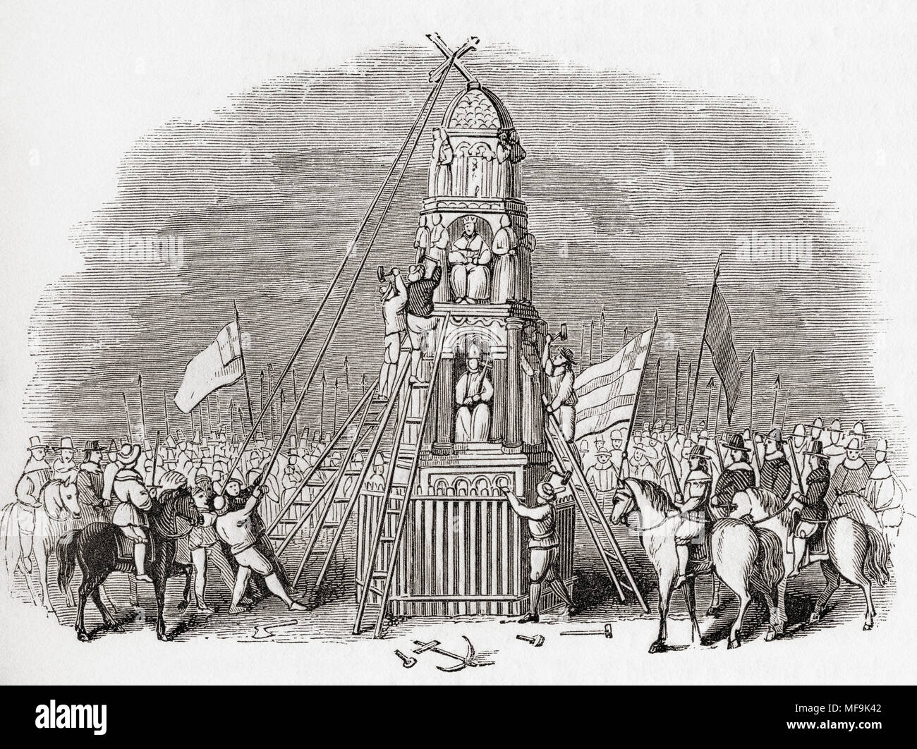 Puritanos destruyendo la Cruz Cheapside aka Eleanor Cross, Londres, Inglaterra, en 1643. Desde Inglaterra vieja: un museo pictórico, publicado 1847. Foto de stock
