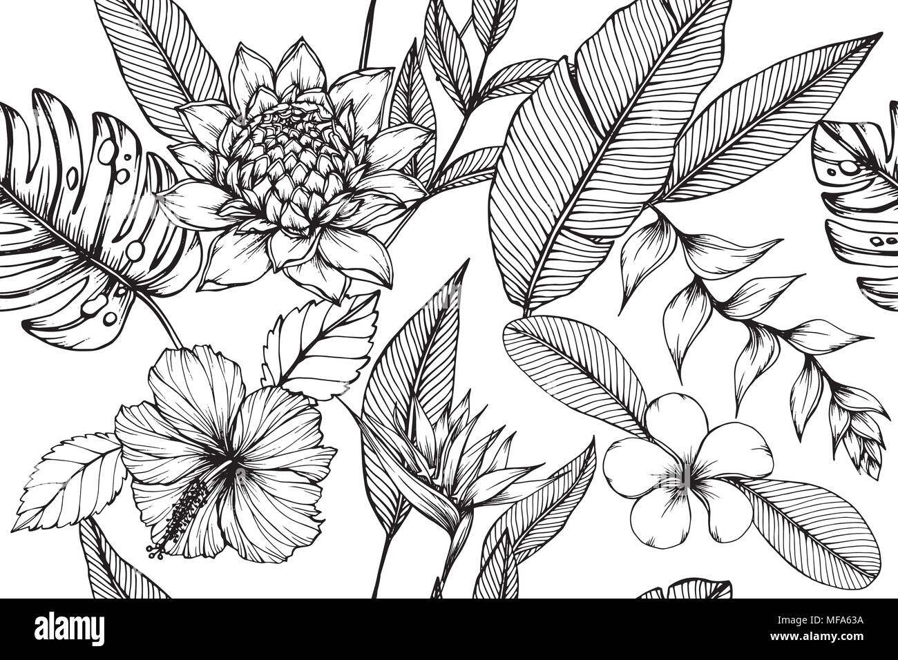 Patrón hawaiano de fondo sin fisuras con dibujo de flores y hojas ilustración. Ilustración del Vector