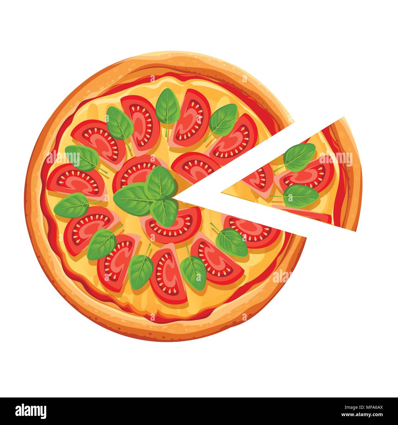 Pizza con slice. Margherita pizza con tomate, queso y orégano. Póster para diseño, restaurante, cafetería, pizzería. Ilustración vectorial aislada con Ilustración del Vector