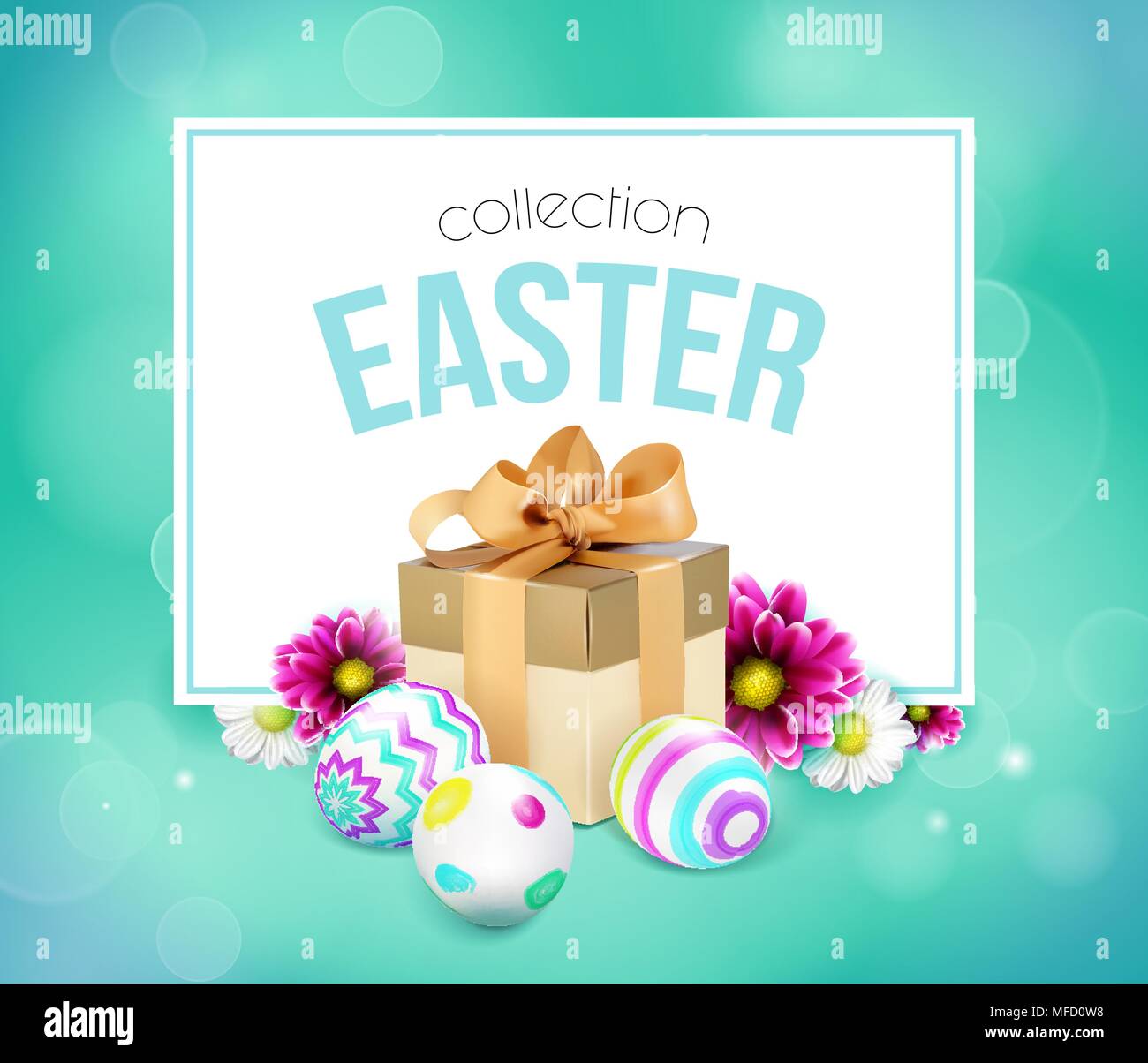 Tarjeta de Pascua con caja de regalo, huevos y flores. Ilustración del Vector