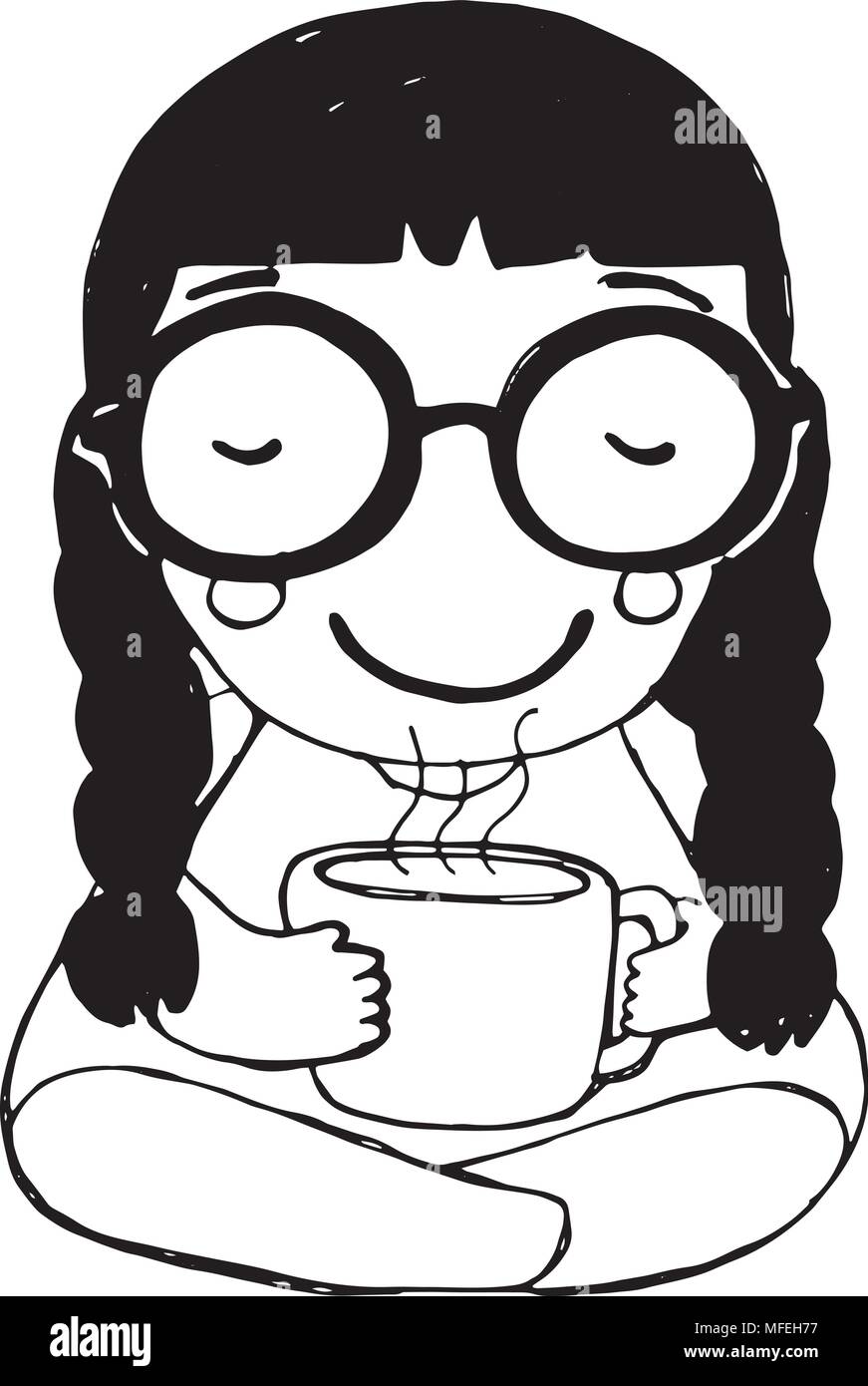 Ilustración vectorial dibujada a mano o un dibujo de una chica con gafas y café Imagen Vector de stock - Alamy Ilustración vectorial dibujada a mano o un dibujo de una chica con gafas y café Imagen Vector de stock - Alamy