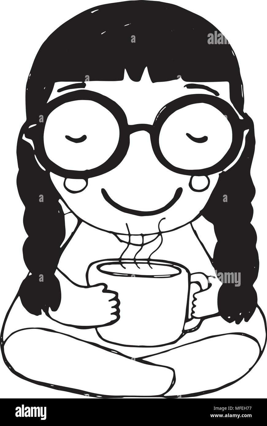 Ilustración vectorial dibujada a mano o un dibujo de una chica con gafas y  café Imagen Vector de stock - Alamy