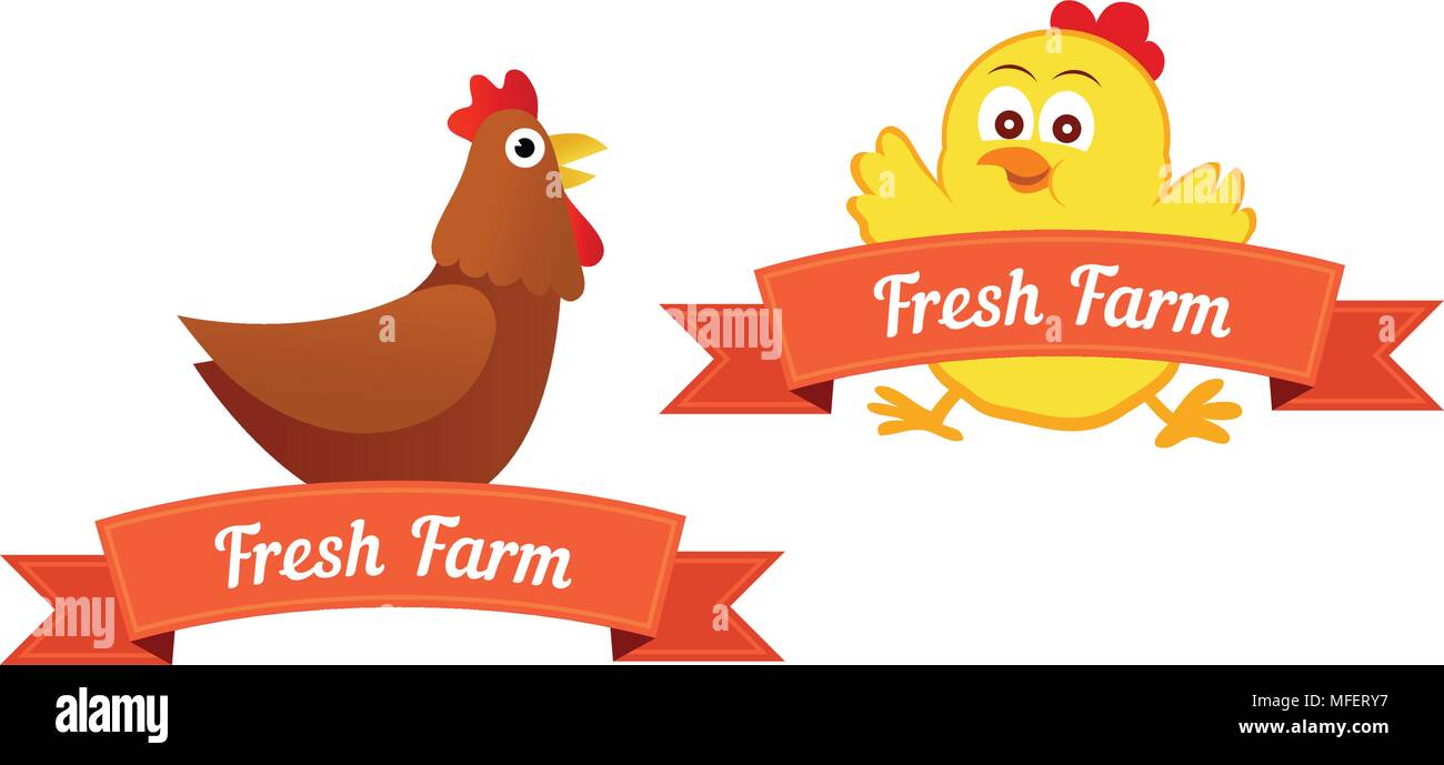 Conjunto de emblemas y títulos con pollos frescos de granja, ilustraciones vectoriales aislado sobre fondo blanco. Ilustración del Vector
