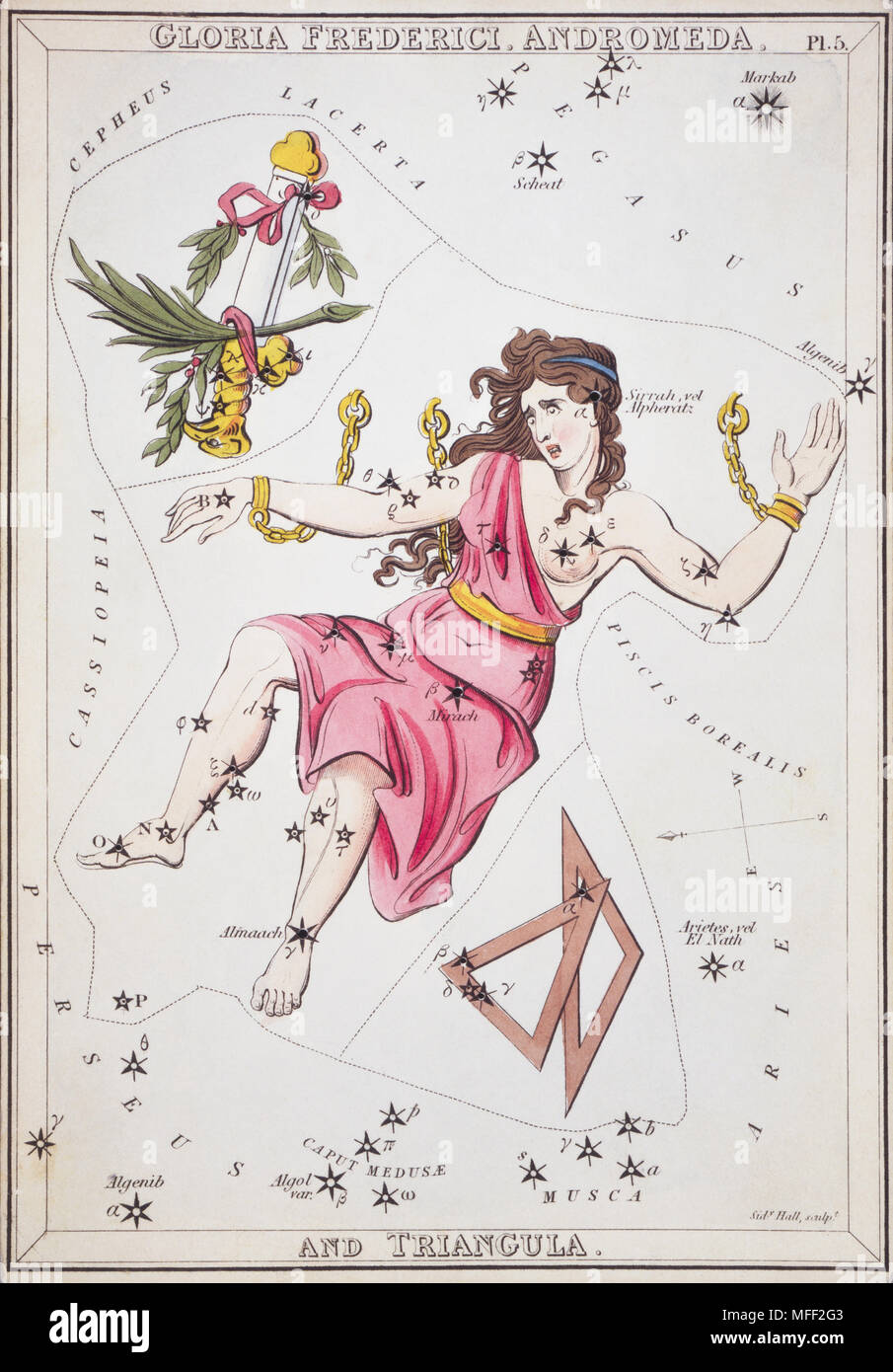 Gloria Frederici, Andrómeda y Triangula. Tarjeta número 5 del espejo de Urania, o una vista del cielo, un conjunto de 32 tarjetas gráfico estrella astronómico grabado por Sidney Hall y publshed 1824. Foto de stock
