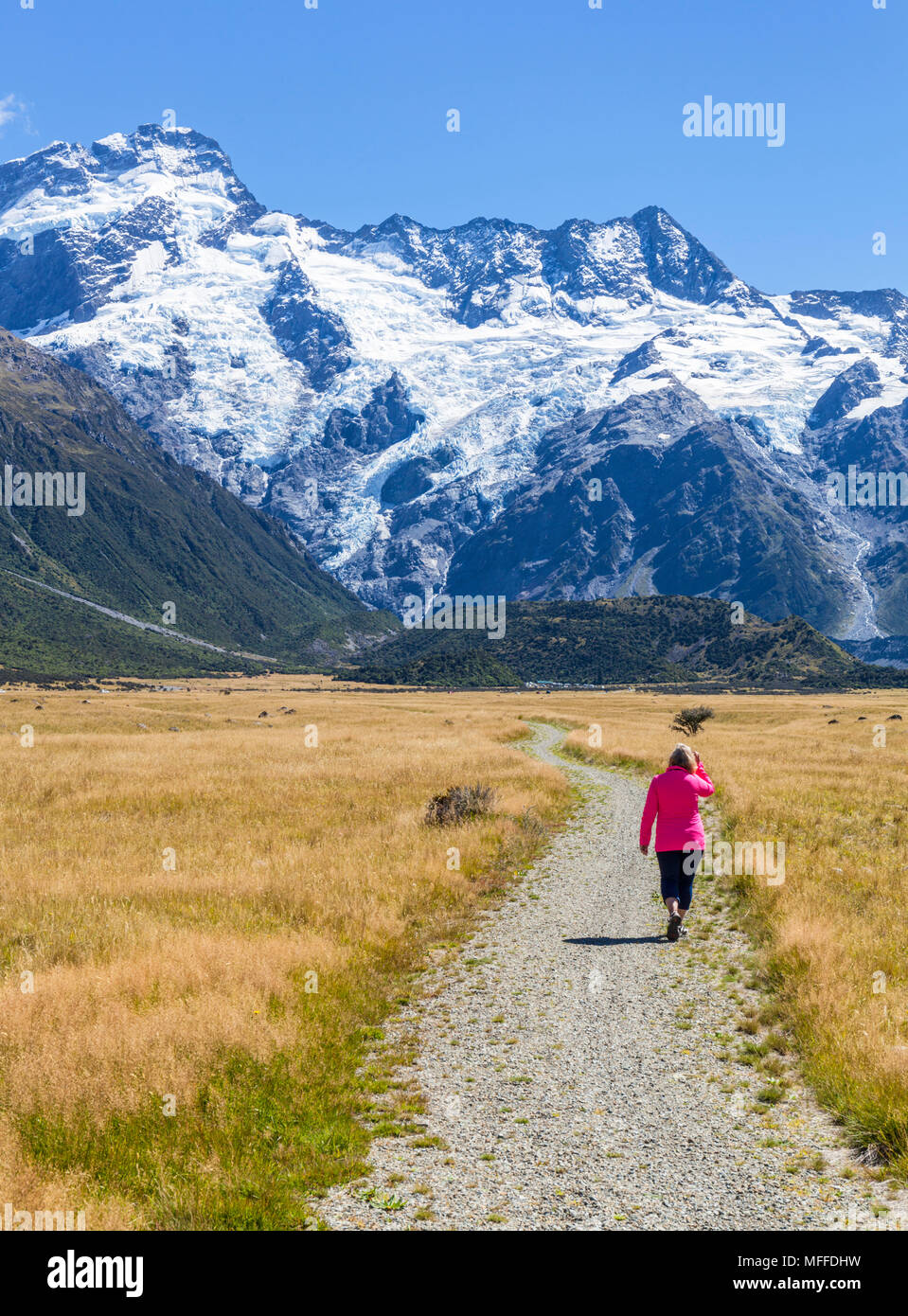 Nueva Zelanda, Isla del Sur, Nueva Zelanda mujer turista (modelo liberado) caminando en el Boardwalk en el parque nacional de Monte Cook, Isla del Sur, Nueva Zelanda Foto de stock