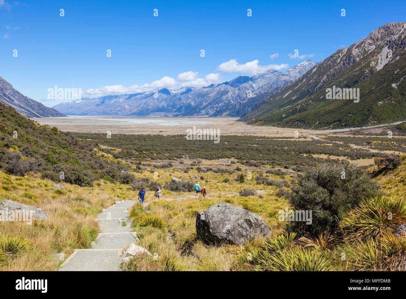 El parque nacional de Monte Cook boardwalk ruta al glaciar de Tasmania nueva zelanda, Isla del Sur, Nueva Zelanda Foto de stock