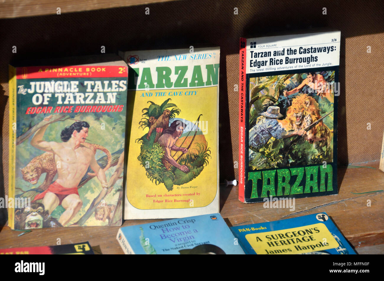 Tarzán novelas de Edgar Rice Burroughs en una librería de visualización de la ventana. Foto de stock