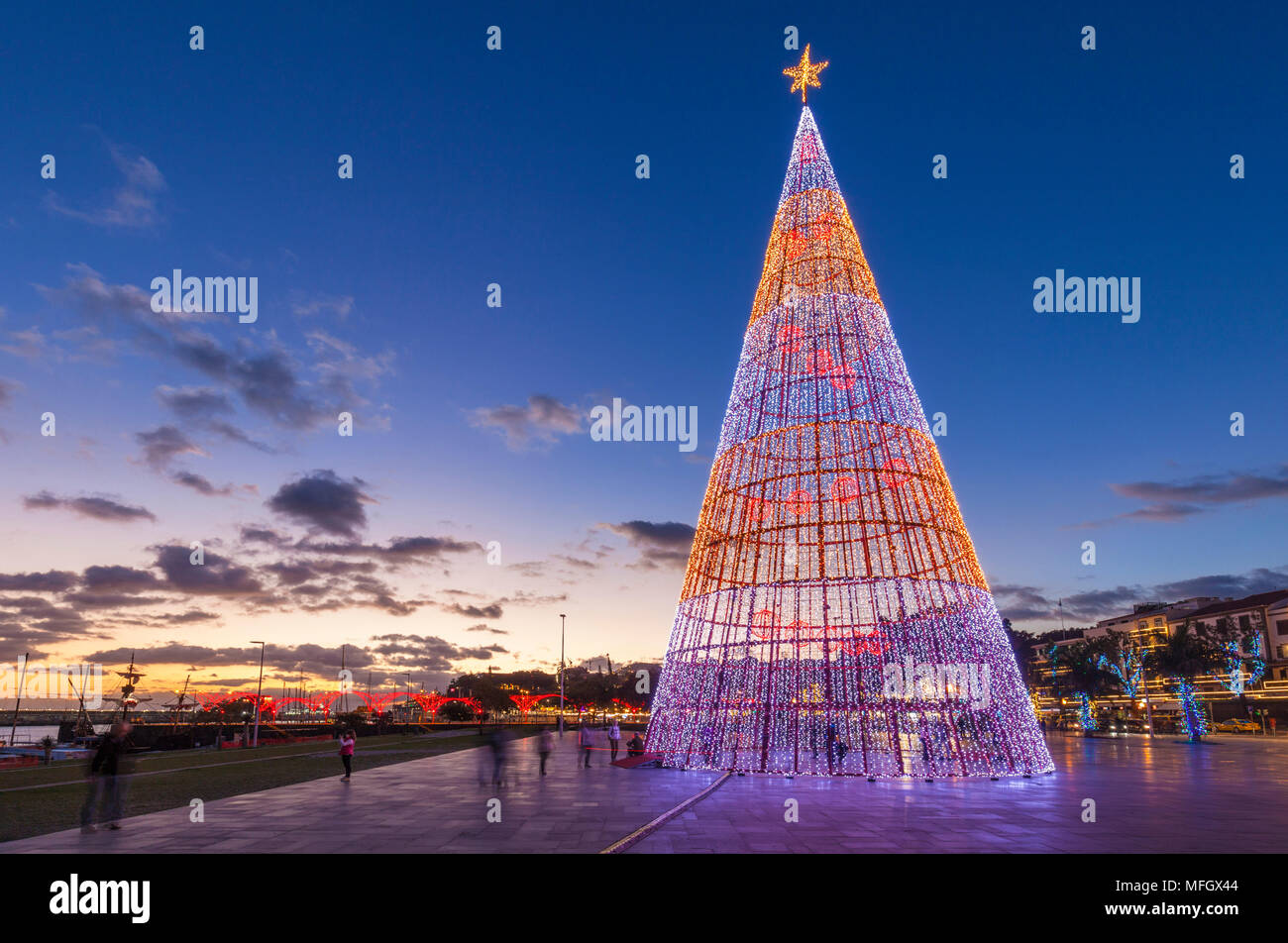 Moderno diseño de árbol de Navidad con luces LED en el paseo marítimo en Funchal, Madeira, Portugal, Atlántica, Europa Foto de stock