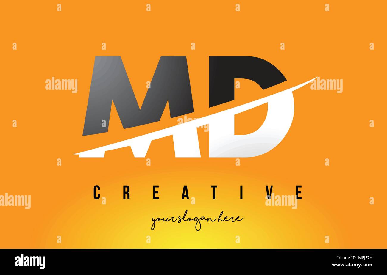 MD M D carta moderna con diseño de logotipo Swoosh cortando el Oriente letras y fondo amarillo. Ilustración del Vector