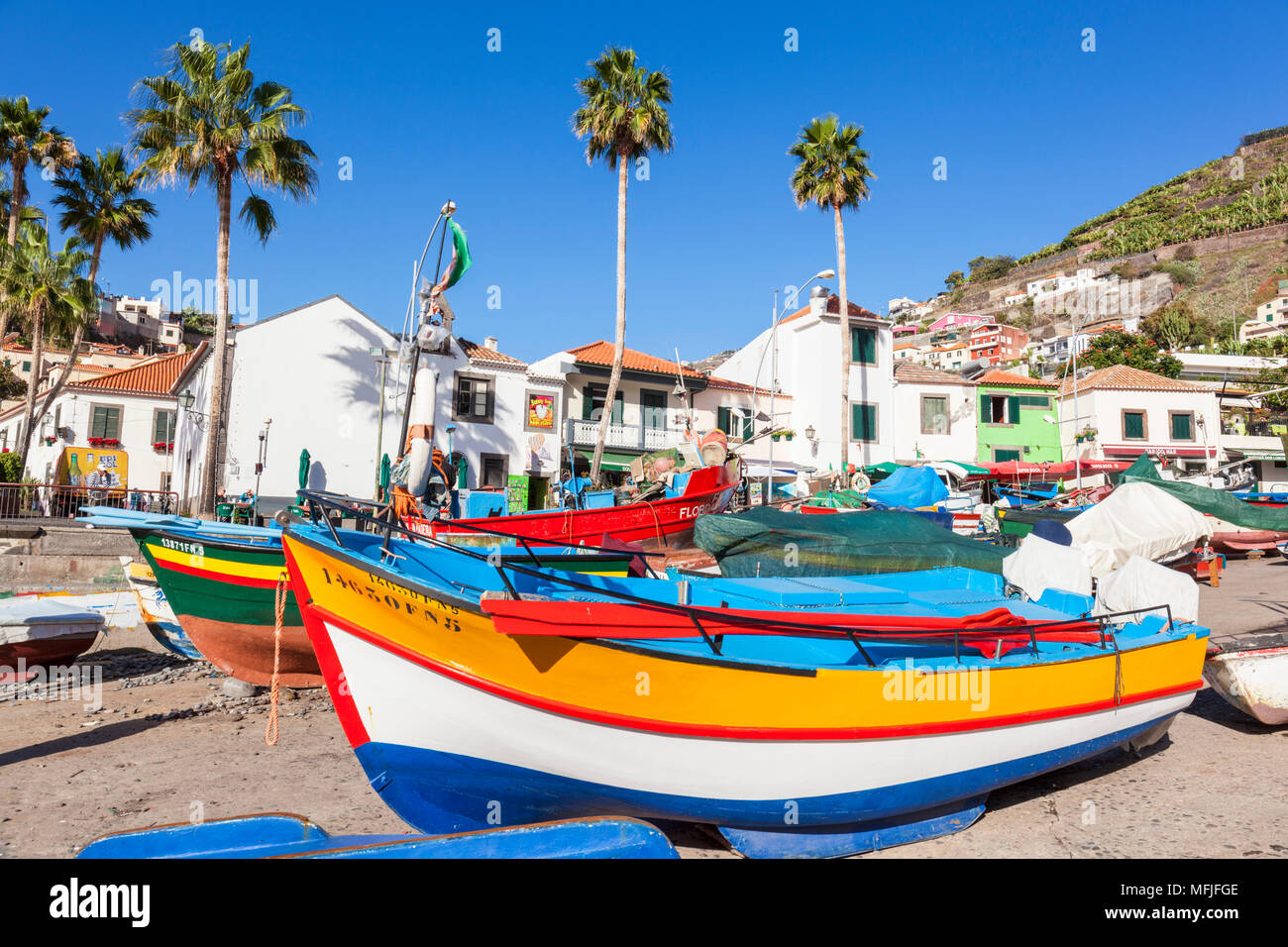 Coloridos barcos de pesca tradicional en la playa en el pueblo pesquero de Camara de Lobos, Madeira, Portugal, el Atlántico, Europa Foto de stock